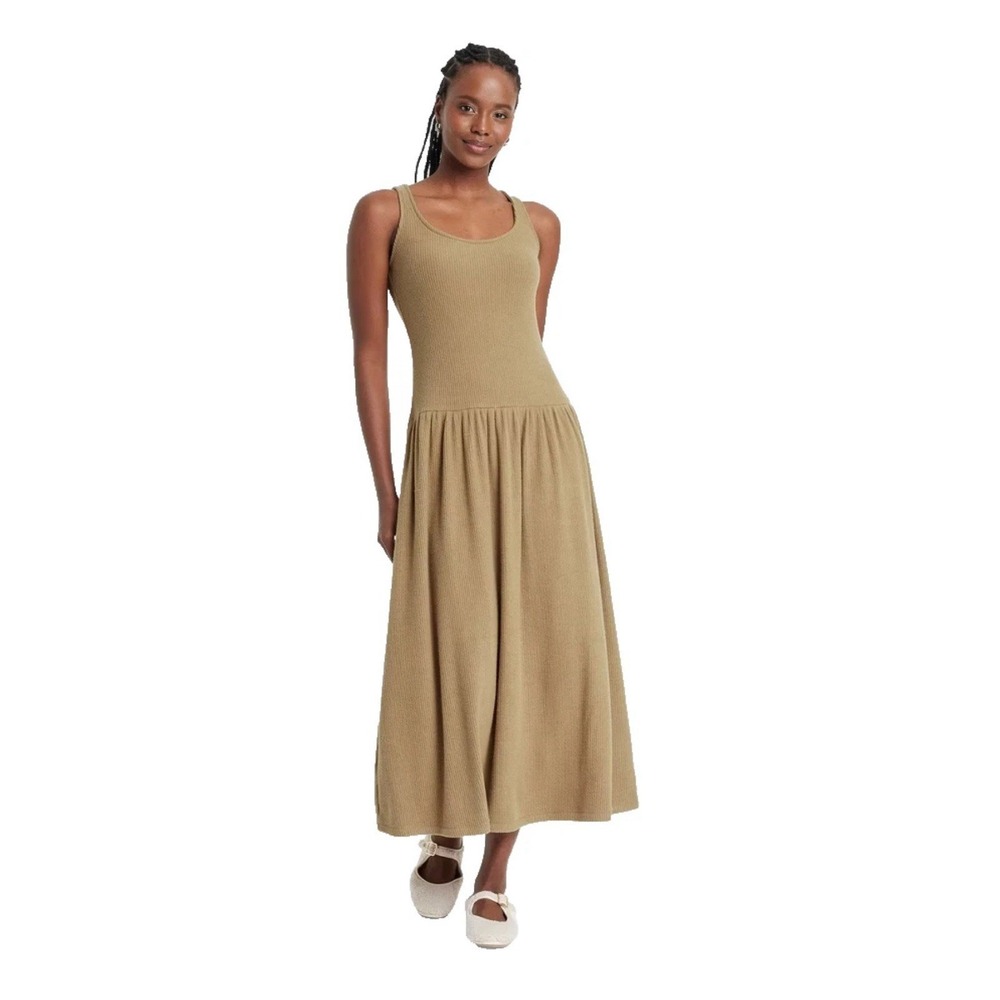 Universal Thread Women's Drop Waist Rib Knit Midi Slip Dress Brown Large New - Picture 2 of 5